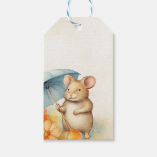 1 Maus mit blauem Schirm orange rosa Blumen Geschenkanhänger