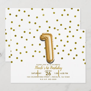 1 One Gold Balloon & Confetti 1. Geburtstag Party Einladung