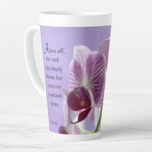 1 Peter 4:8 Orchids Latte Tasse (Linke Ecke)