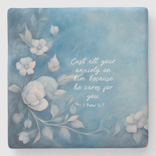 1 Peter 5:7 Bibelverse Bild Steinuntersetzer (Vorderseite)
