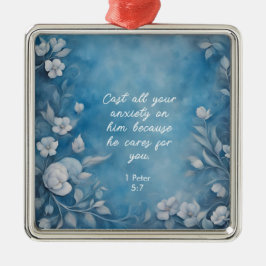 1 Peter 5:7 “Cast All Your Anxiety” Blue Floral Ornament Aus Metall