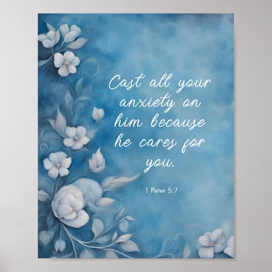 1 Peter 5:7 “Cast All Your Anxiety” Blue Floral Poster (Vorne)