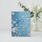 1 Peter 5:7 “Cast All Your Anxiety” Blue Floral Postkarte (Stehend Vorderseite)