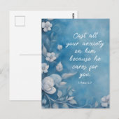 1 Peter 5:7 “Cast All Your Anxiety” Blue Floral Postkarte (Vorne/Hinten)