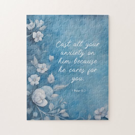 1 Peter 5:7 “Cast All Your Anxiety” Blue Floral Puzzle (Vertikal)