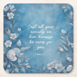 1 Peter 5:7 “Cast All Your Anxiety” Blue Floral Rechteckiger Pappuntersetzer
