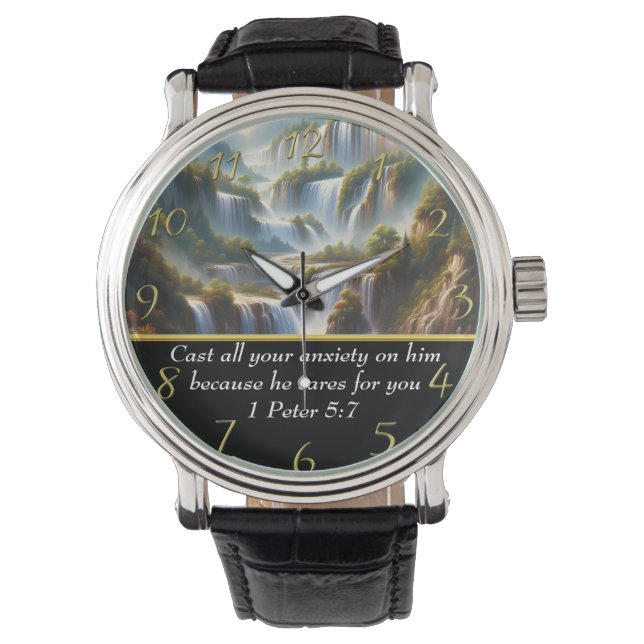 1 Peter 5:7 Christlich Glaube an einen Wasserfall Armbanduhr (Vorderseite)