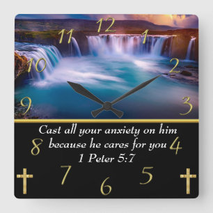 1 Peter 5:7 Christlich Glaube an einen Wasserfall Quadratische Wanduhr