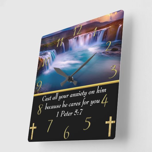 1 Peter 5:7 Christlich Glaube an einen Wasserfall Quadratische Wanduhr (Winkel)