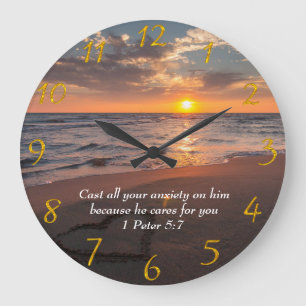 1 Peter 5:7 Christliches Meer mit Sonnenuntergang Große Wanduhr