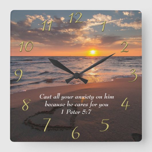 1 Peter 5:7 Christliches Meer mit Sonnenuntergang Quadratische Wanduhr (Vorderseite)
