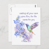 1 Peter 5:7 Gießen Sie Ihre ganze Sorgfalt auf Ihn Postkarte (Vorne/Hinten)