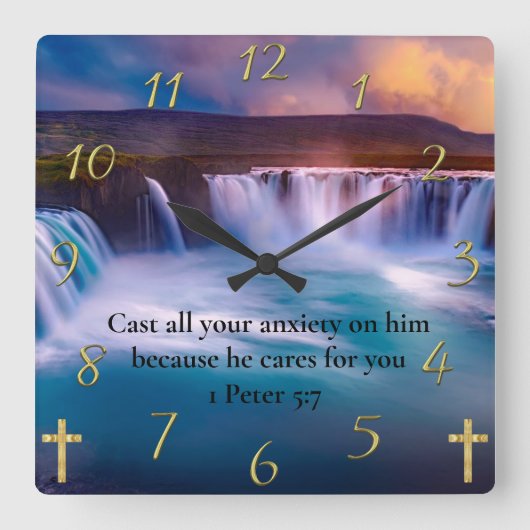 1 Peter 5:7 Gold Christliches Glaubensgebet Quadratische Wanduhr (Vorderseite)