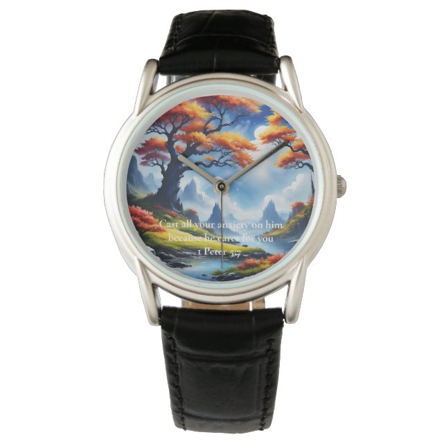 1 Peter 5:7 Kreuz auf dem Berg Armbanduhr (Vorderseite)