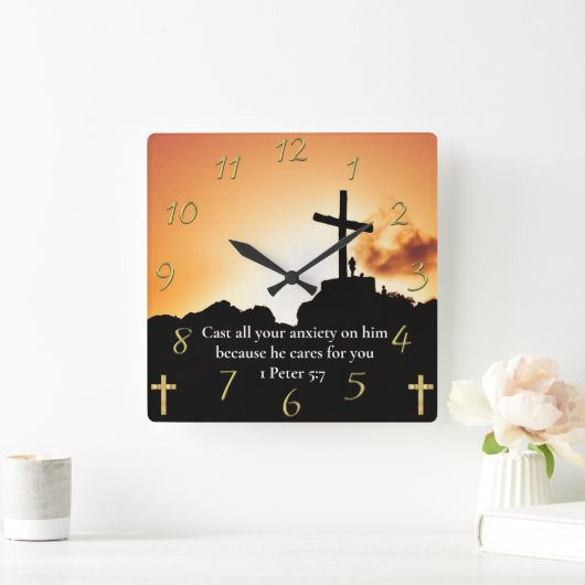 1 Peter 5:7 Kreuz auf dem Berg Quadratische Wanduhr (Zuhause)