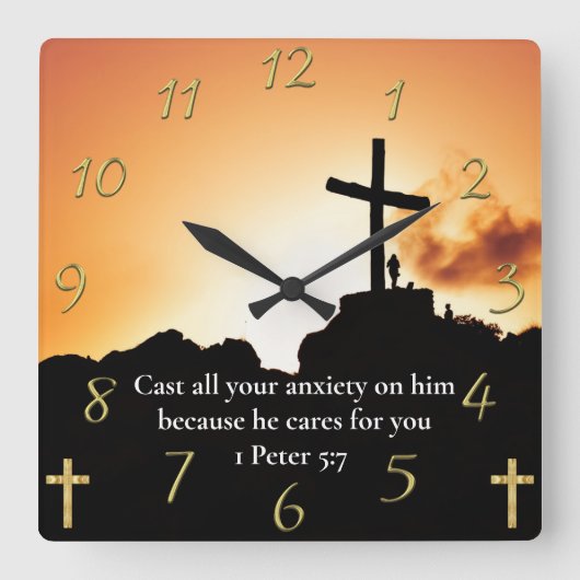 1 Peter 5:7 Kreuz auf dem Berg Quadratische Wanduhr (Vorderseite)