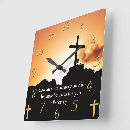 1 Peter 5:7 Kreuz auf dem Berg Quadratische Wanduhr (Winkel)