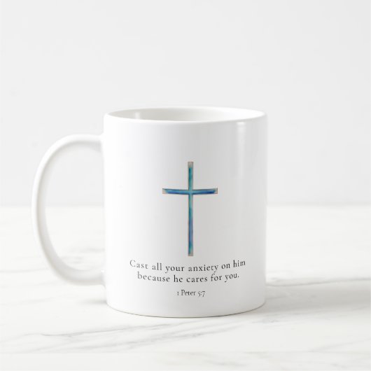 1 Peter 5.7 Minimalistisches Kreuz Kaffeetasse (Links)
