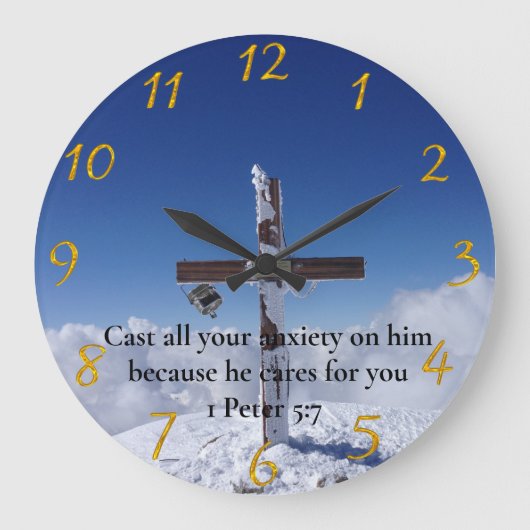 1 Peter 5:7 Moulin Peak Cross Große Wanduhr (Vorderseite)