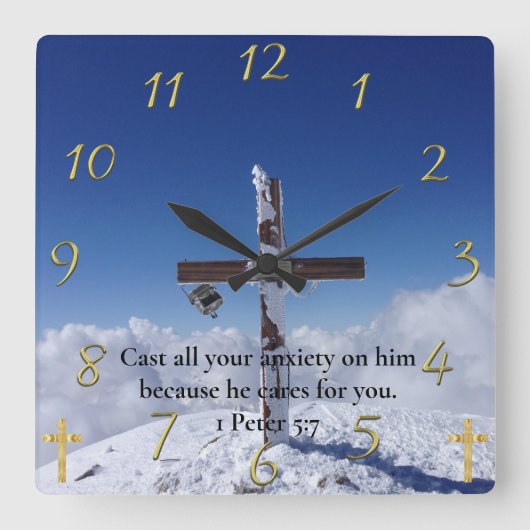 1 Peter 5:7 Moulin Peak Cross Quadratische Wanduhr (Vorderseite)