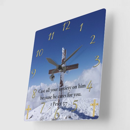 1 Peter 5:7 Moulin Peak Cross Quadratische Wanduhr (Winkel)