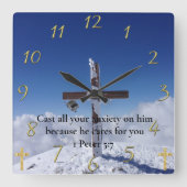 1 Peter 5:7 Moulin Peak Cross Quadratische Wanduhr (Vorderseite)