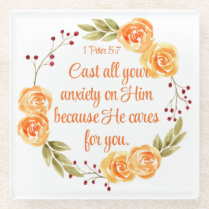 1 Peter 5:7 Orangefarbene Bibelschrift Glasuntersetzer