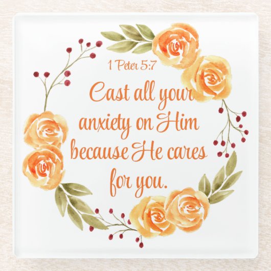 1 Peter 5:7 Orangefarbene Bibelschrift Glasuntersetzer (Vorderseite)