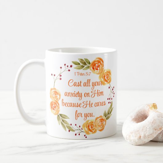 1 Peter 5:7 Orangefarbene Bibelschrift Kaffeetasse (Mit Donut)