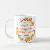 1 Peter 5:7 Orangefarbene Bibelschrift Kaffeetasse (Links)