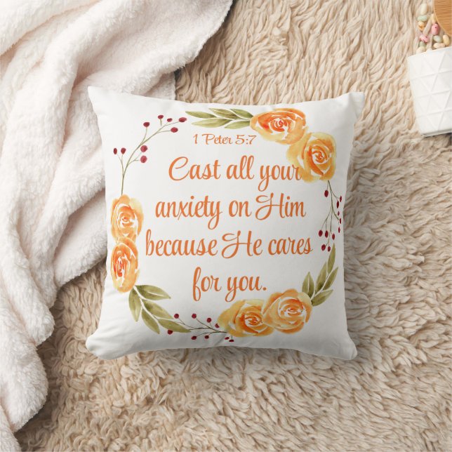 1 Peter 5:7 Orangefarbene Bibelschrift Kissen (Decke)