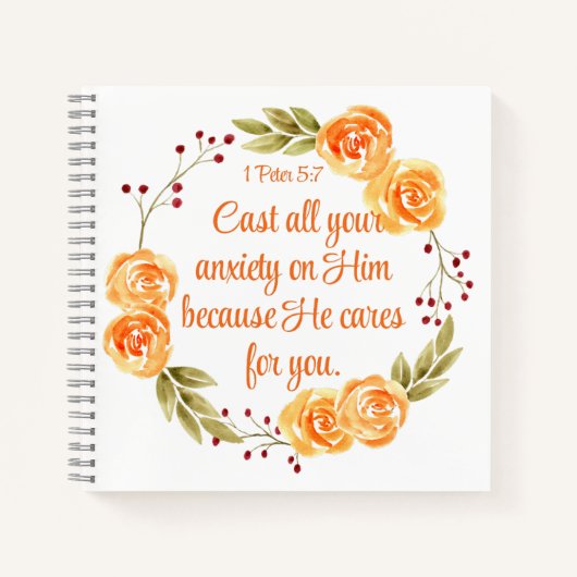 1 Peter 5:7 Orangefarbene Bibelschrift Notizblock (Vorderseite)