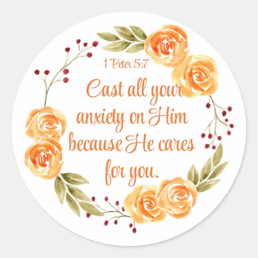 1 Peter 5:7 Orangefarbene Bibelschrift Runder Aufkleber (Vorderseite)