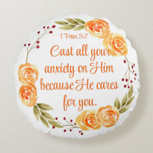 1 Peter 5:7 Orangefarbene Bibelschrift Rundes Kissen