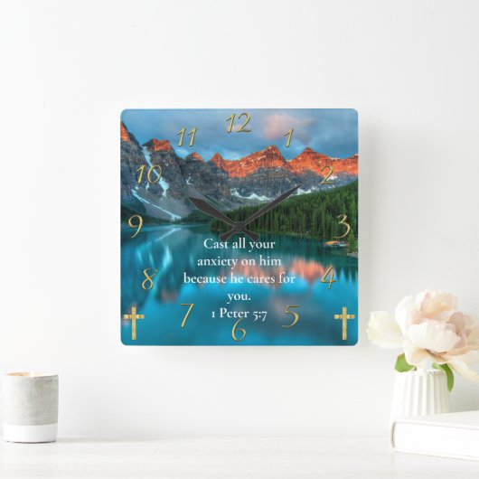 1 Peter 5:7 schöne Aussicht auf den See Quadratische Wanduhr (Zuhause)