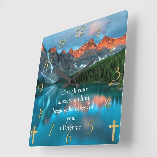 1 Peter 5:7 schöne Aussicht auf den See Quadratische Wanduhr (Winkel)