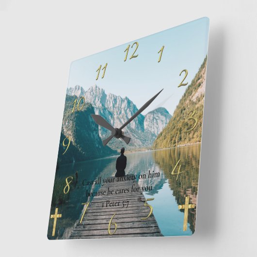1 Peter 5:7 sitzt auf dem Dock Quadratische Wanduhr (Winkel)