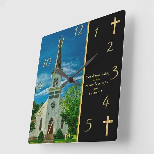 1 Peter 5.7 Weiße Kirche Quadratische Wanduhr (Winkel)