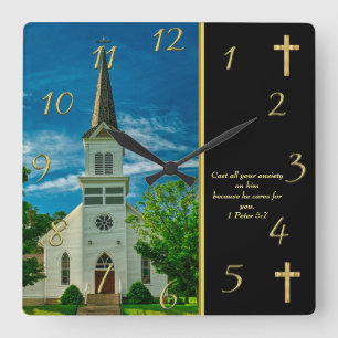 1 Peter 5.7 Weiße Kirche Quadratische Wanduhr