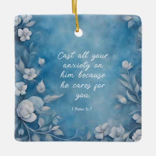 1. Petrus 5,7 „Alle eure Sorge“ Blaue Blumen Keramikornament (Vorderseite)