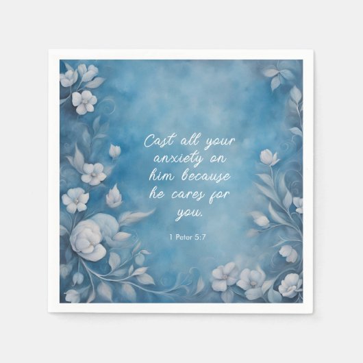 1 Petrus 5:7 „Werft alle eure Angst“ Blaue Flora Serviette (Vorderseite)