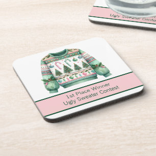 1. Platz Gewinner Ugly Sweater Contest Green Pink Getränkeuntersetzer