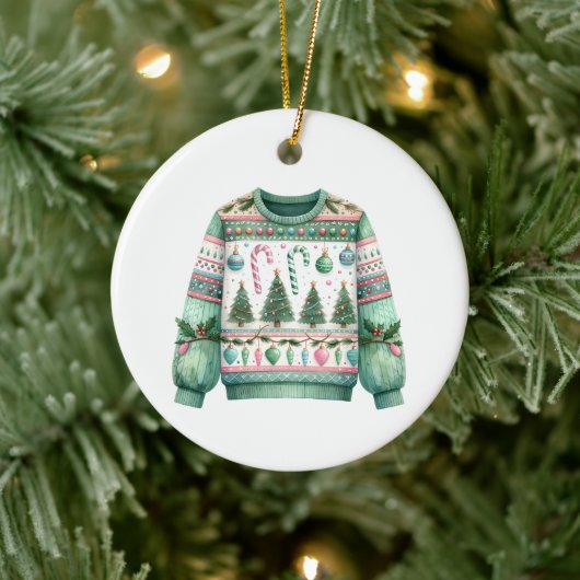 1. Platz Gewinner Ugly Sweater Contest Green Pink Keramik Ornament (Baum)