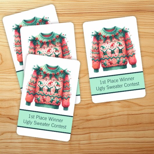 1. Platz Gewinner Ugly Sweater Contest Pink Green Spielkarten