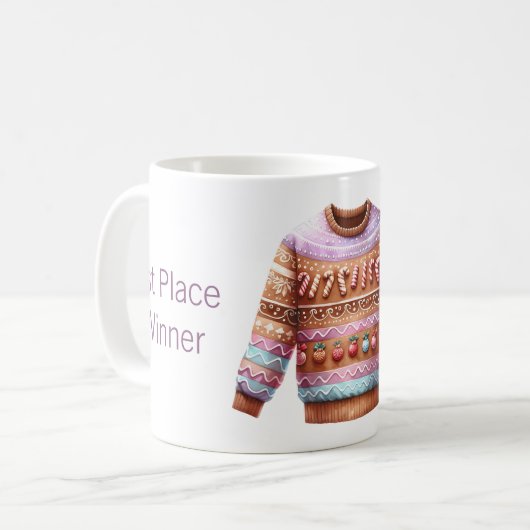 1. Platz Gewinner Ugly Sweater Contest Pink Lila Kaffeetasse (Vorderseite Links)