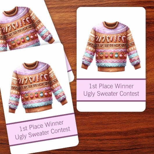1. Platz Gewinner Ugly Sweater Contest Pink Lila Spielkarten
