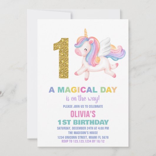1. Rainbow Unicorn Geburtstag Einladungen (Vorderseite)