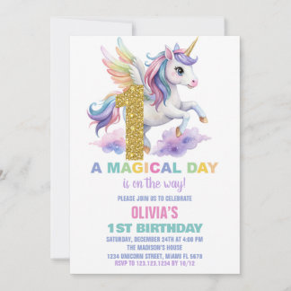 1. Rainbow Unicorn Geburtstag Einladungen Fliegen