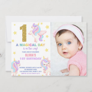 1. Rainbow Unicorn Geburtstag Einladungen mit Foto