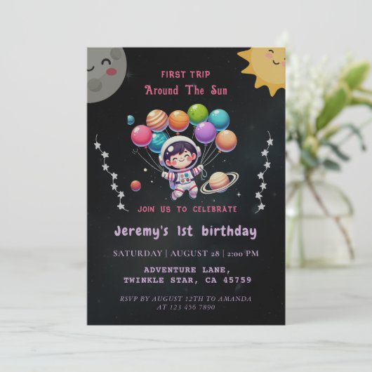 1. Reise Modernes Wasserfarben Weltraum 1. Geburts Einladung (Stehend Vorderseite)